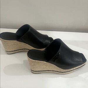 Oris Black and Tan Wedge Sandals